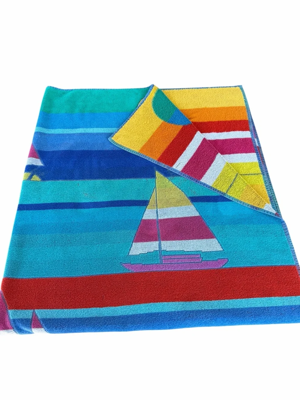 VTG TerriSol Retro Sailboat Oversized Beach Towel Blanket 100% Cotton 54” x 61”